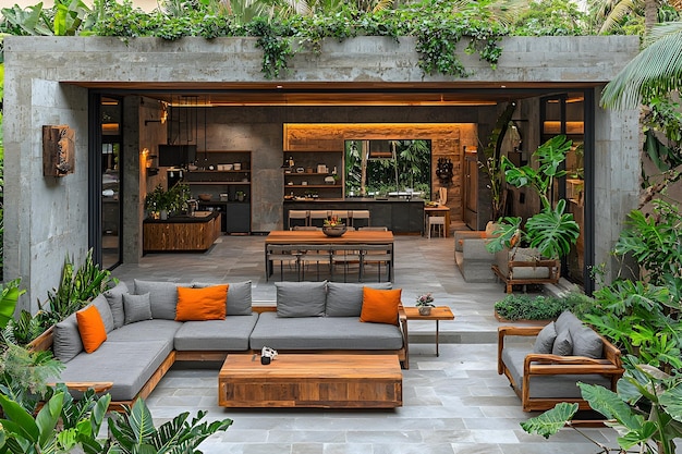 Photo a living room with a large outdoor area and a large living room with a large planter