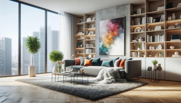 Photo a living room with a large painting on the wall and a couch with colorful pillows on it