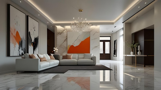 a living room with a large painting on the wall and a couch with a white couch and a large painting on the wall