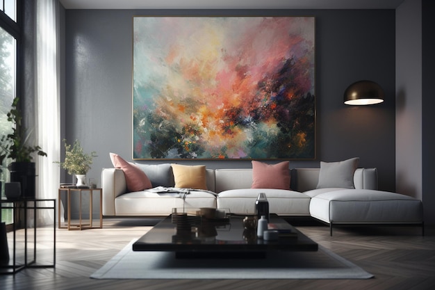 A living room with a large painting on the wall that says'the word'on it