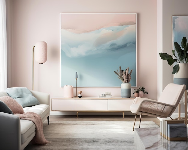 A living room with a large painting of a wave on the wall.