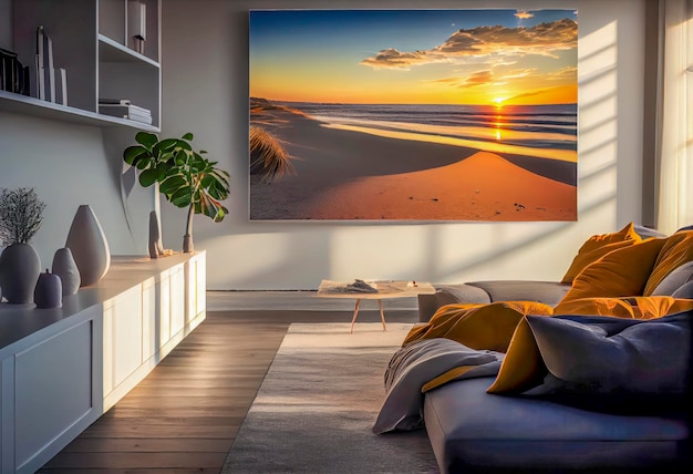 A living room with a large picture of a beach scene on the wall.