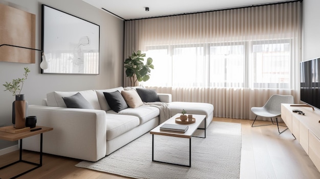 A living room with a large picture of a couch and a coffee table with a picture of a tree on the wall.