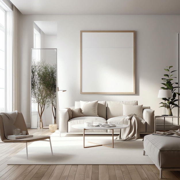 A living room with a large picture frame and a table with a plant on it.