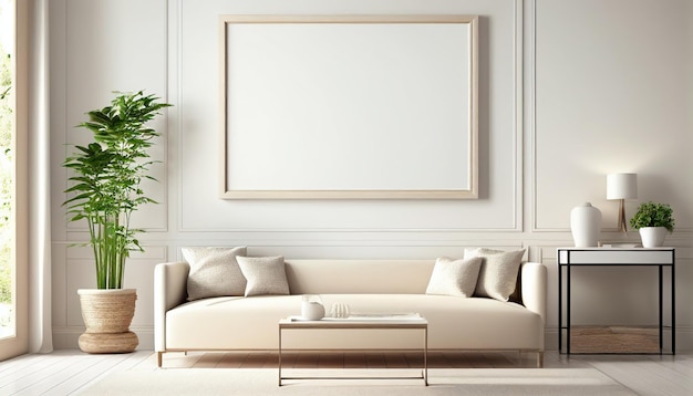 A living room with a large picture frame