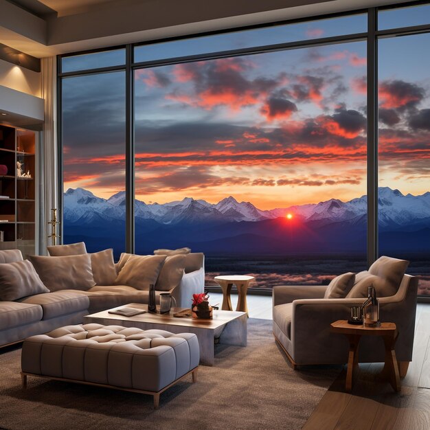 Photo a living room with a large picture of a mountain and a sunset