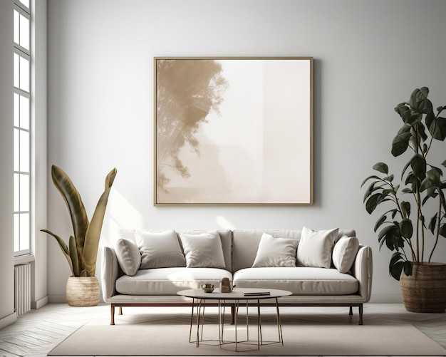 A living room with a large picture on the wall and a plant on the right.