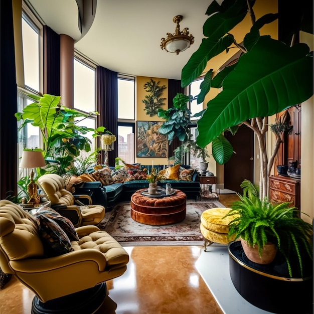 A living room with a large plant in the corner