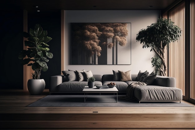 A living room with a large plant in the corner