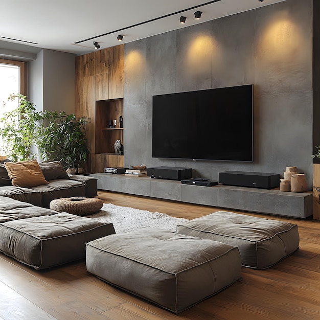 Photo a living room with a large tv and a large screen above it