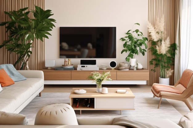 A living room with a large tv and a large tv on the wall.