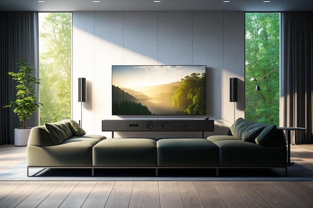 A living room with a large tv and a large window with the sun shining on it.