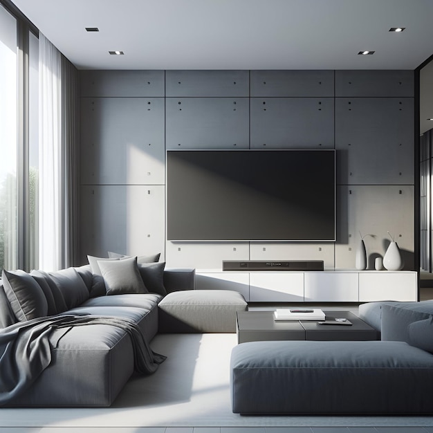 a living room with a large tv on the wall and a couch with a gray blanket on it