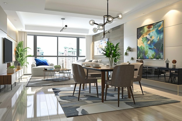 a living room with a large tv on the wall and a large picture of a city Ai Photo