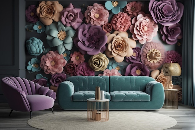 A living room with a large wall of flowers that says'flower wall '