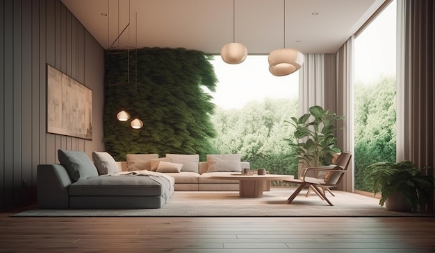 A living room with a large wall of green plants.