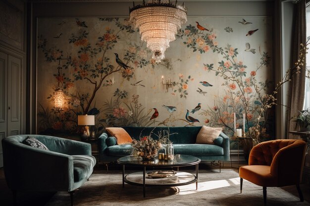 A living room with a large wallpaper with a bird design on it.