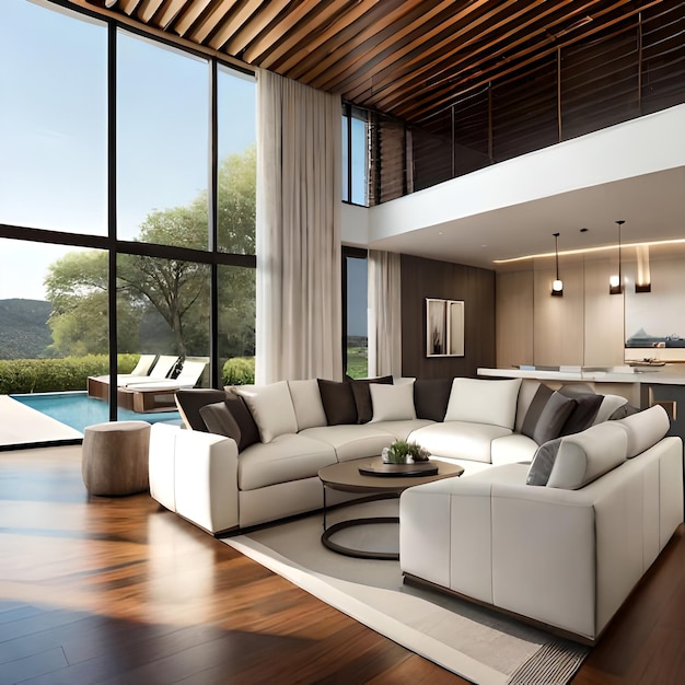 A living room with a large white couch and a coffee table in front of a pool.