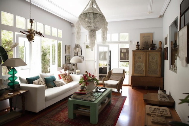 A living room with a large white couch and a green coffee table