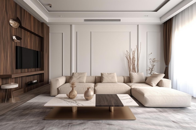 A living room with a large white sofa and a wooden coffee table.