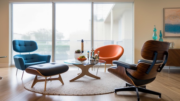 A living room with a large window and a couch with a blue cushion.