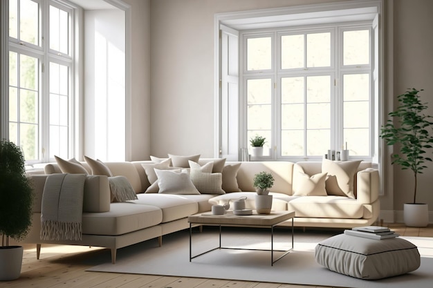 A living room with a large window and a couch with pillows on it.