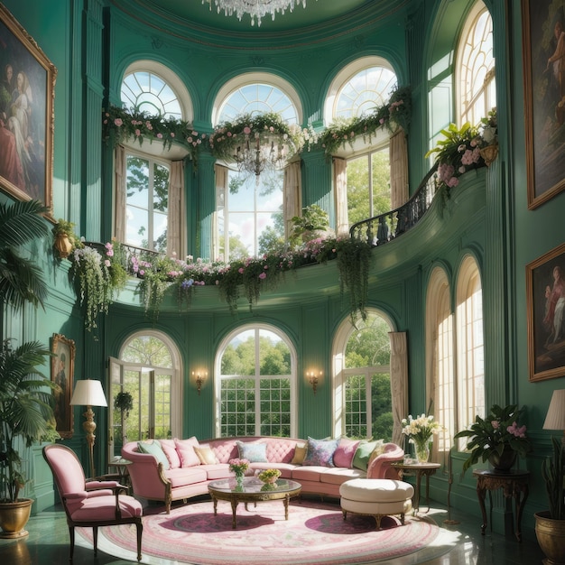 A living room with a large window and a couch with a pink and gold pillow