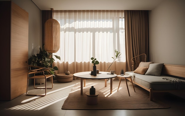 A living room with a large window and a couch with a table and a plant on it.