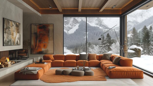 a living room with a large window and a large painting of a mountain range