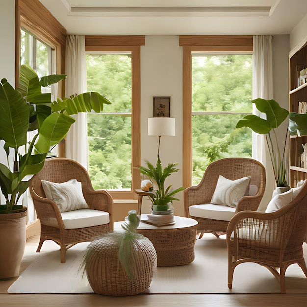 a living room with a large window and a plant in the center