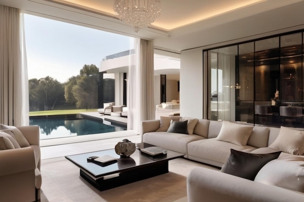 a living room with a large window and a pool