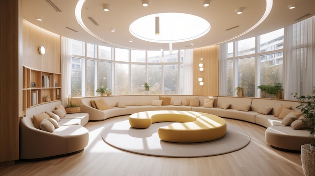 A living room with a large window and a round couch with a round light above it.