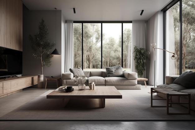 A living room with a large window and a sofa with a wooden coffee table.