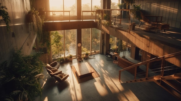 A living room with a large window that has a balcony and plants on it.