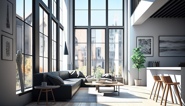 A living room with a large window that has a black couch and a black sofa with pillows on it