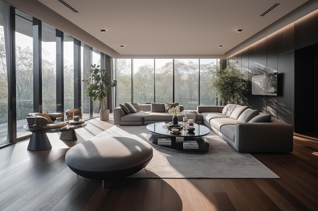 A living room with a large window that has a large tv on it.