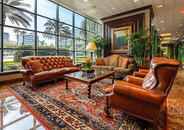 a living room with a large window that has a large window that has a palm tree in it