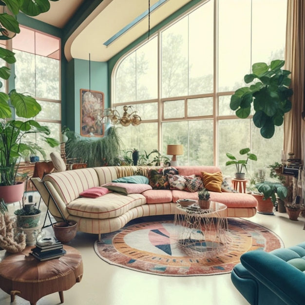 A living room with a large window that has a lot of plants on it