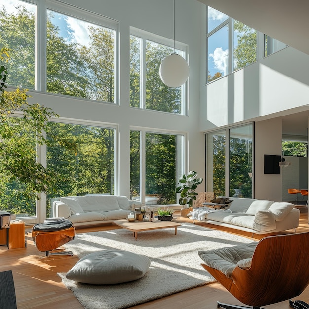 a living room with a large window that has a lot of windows