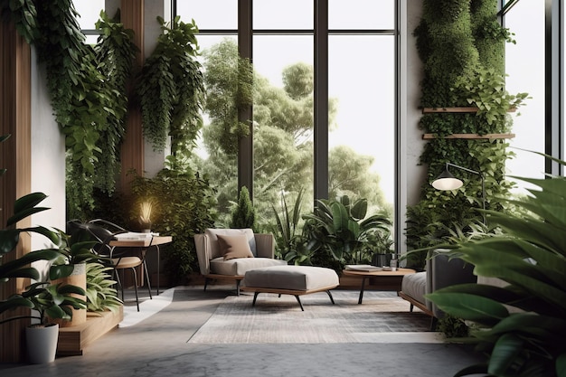 A living room with a large window that has plants on it.