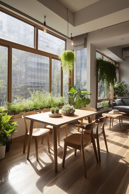 A living room with a large window that has plants on it.