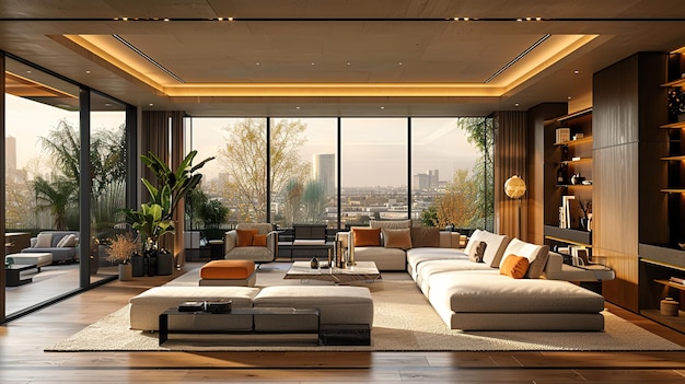 a living room with a large window that has a view of the city