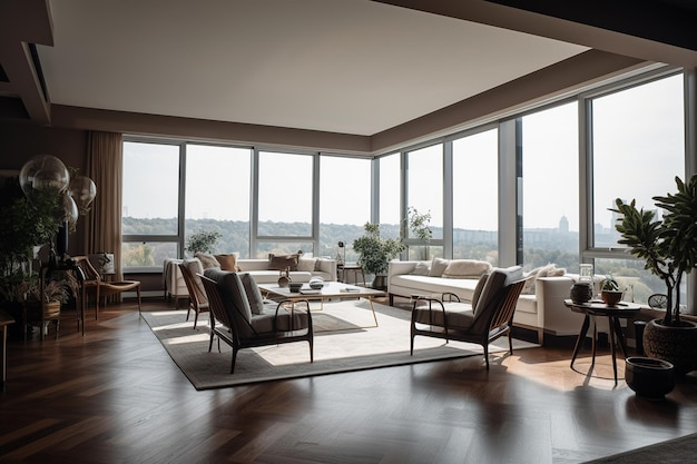 A living room with a large window that has a view of the city.