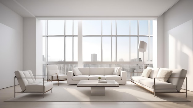 A living room with a large window that has a view of the city.