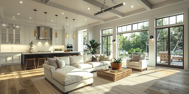 a living room with a large window that has a view of the garden