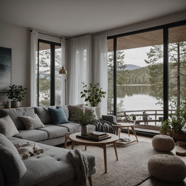 a living room with a large window that has a view of a lake