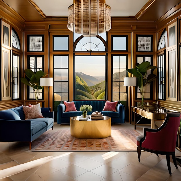 A living room with a large window that has a view of the mountains in the background.