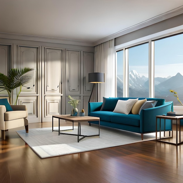 a living room with a large window that has a view of mountains