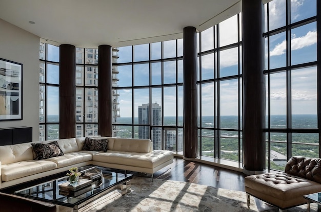 a living room with a large window that has a view of the ocean