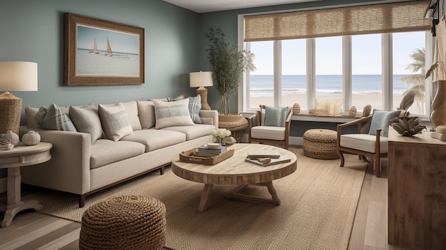 A living room with a large window that has a view of the ocean.